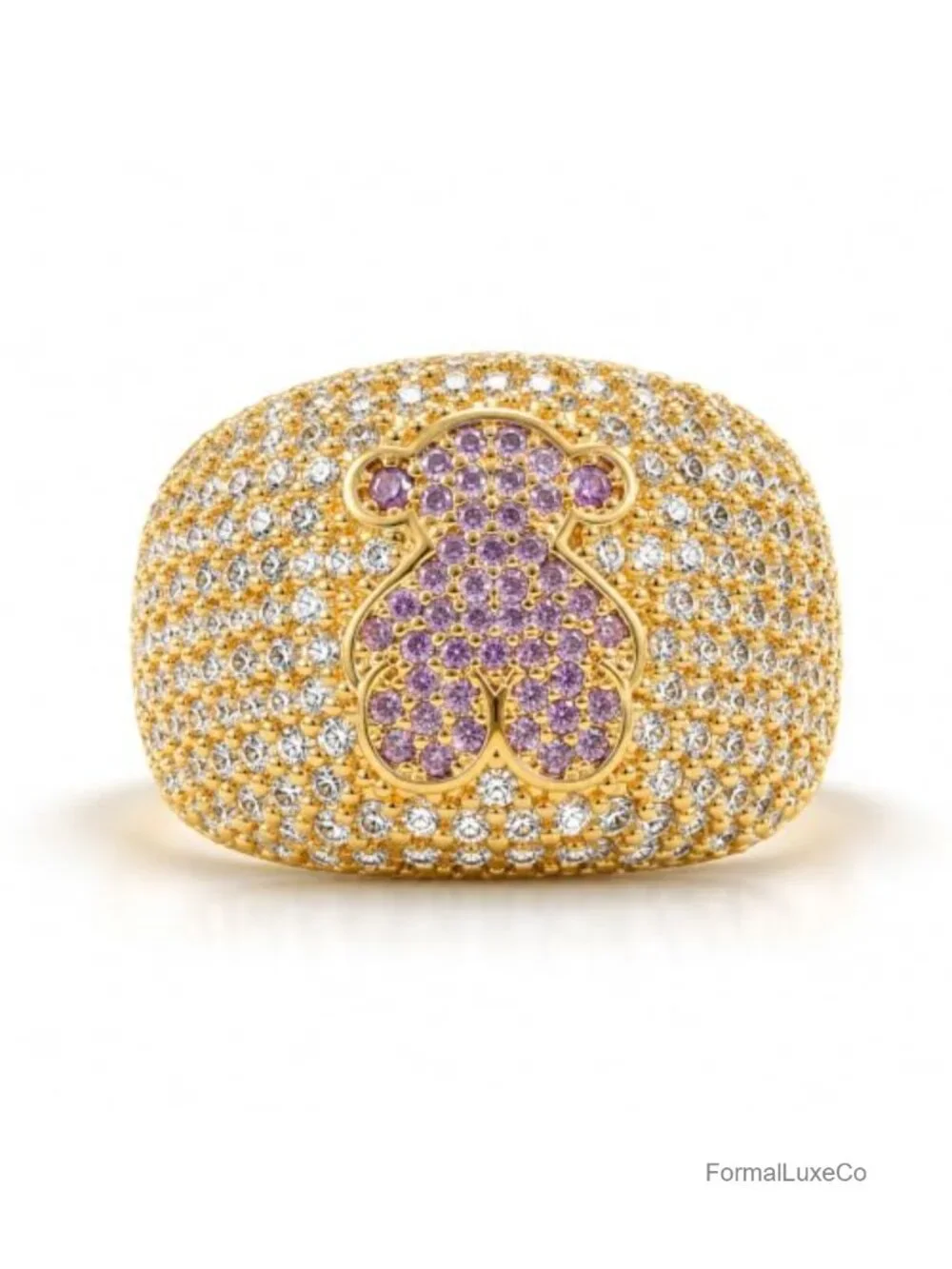 14K Gold Plated Pave CZ Dome Bear Ring Size 7